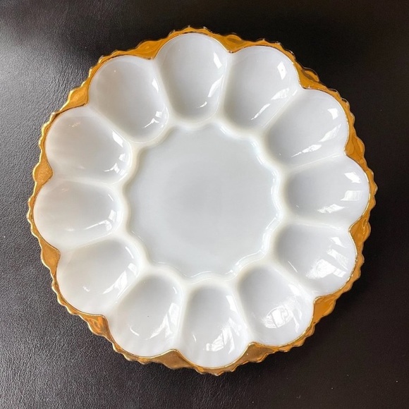 Vintage Other - Vintage 50s Anchor Hocking Fire King Milk Glass Egg Plate w/ Gold Trim